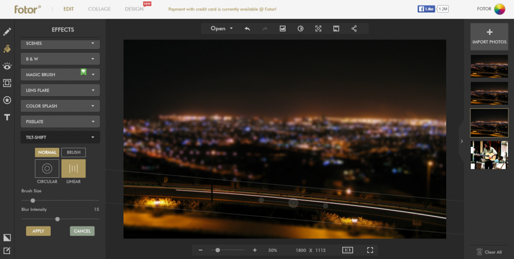 edit a night photo with the tilt-shift tool
