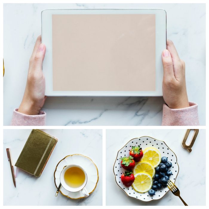 make a collage with pad fruit tea and notebook