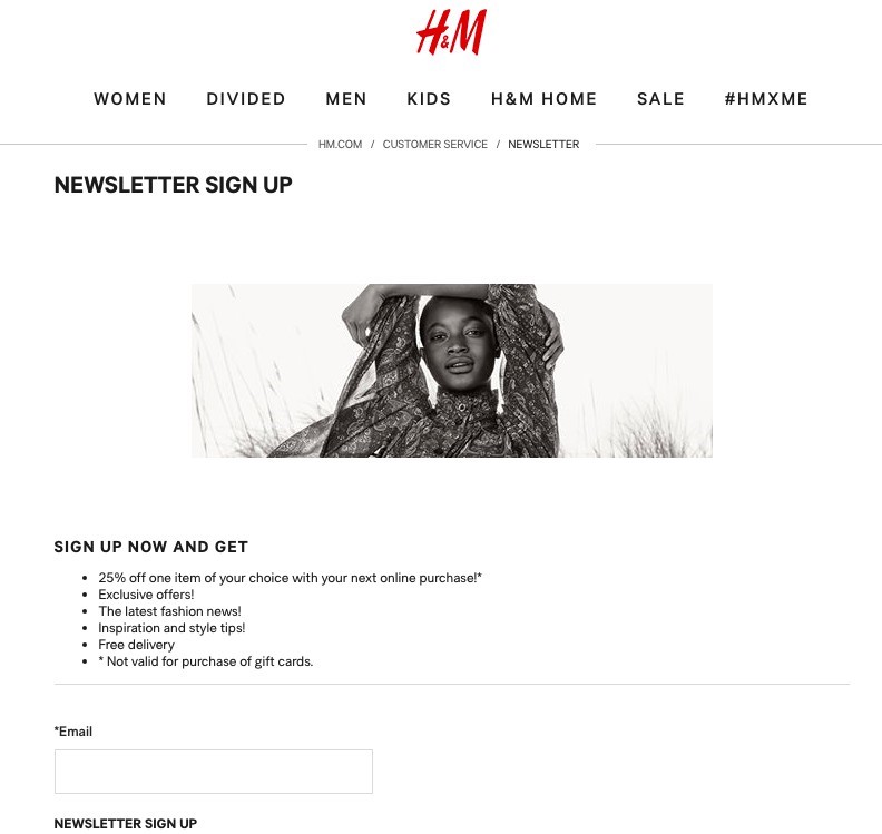 H&M Newsletter homepage